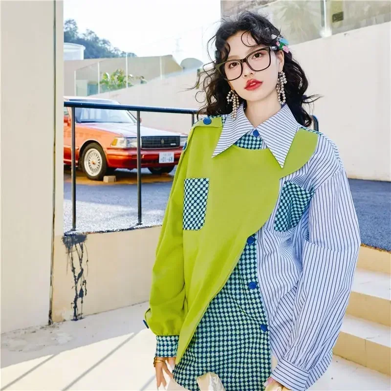 Blouse Women Office Lady Autumn Spring Fashion New Full Patchwork Designer Luxury Irregular Women Tops Coat