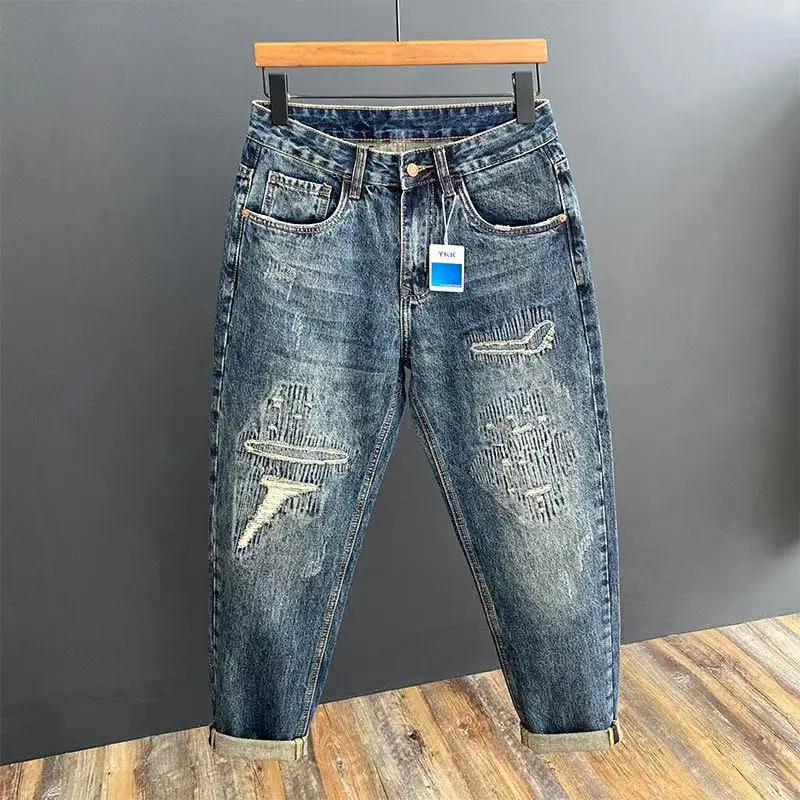 

American Retro Patchwork Hole Denim Pants Men's Trendy Brand INS Loose Straight Harlan Pants Men's Wide Leg Old Dad Pants