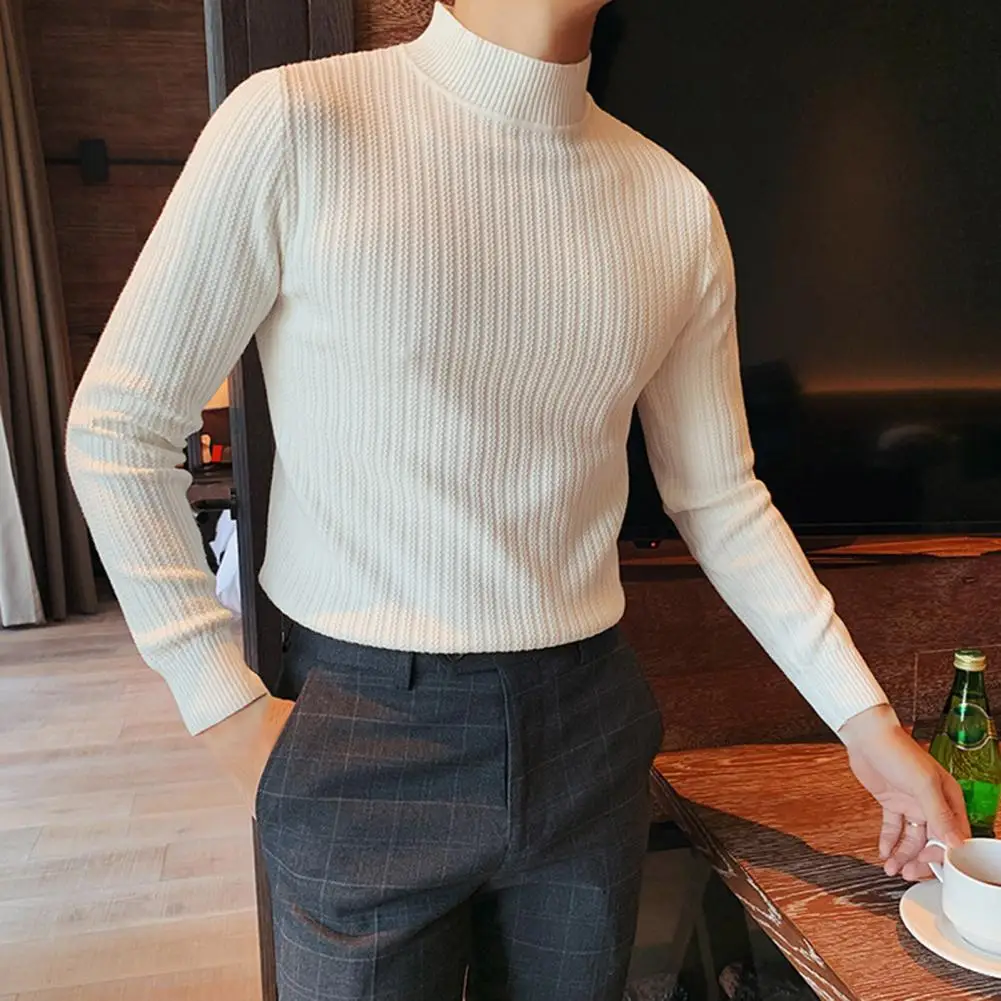 

Men Winter Sweater Half-high Collar Solid Color Long Sleeves Striped Texture Dispel Cold Casual Pure Color Pullover Fall Sweater