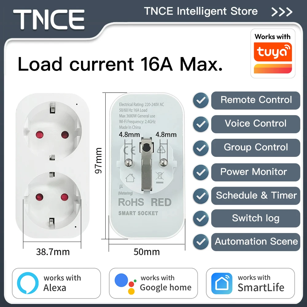 TNCE tuya wifi stecker 16A eu 2 in 1, Dual steckdose Power Monitor Smart leben Fernbedienung Timer, Stimme mit Google Home Alexa Alice