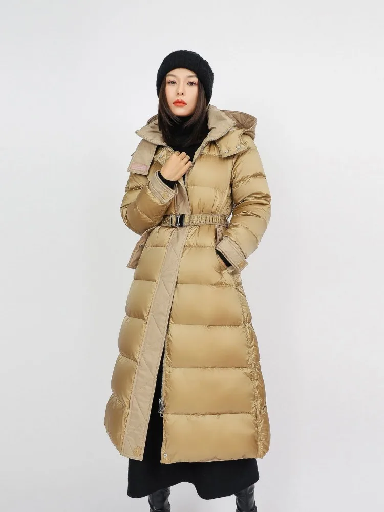 High-end Women Mid-Length Down Jacket Over-the-knee Puffer Jacket Thicken Cinched Waist Slim-Fit  Detachable Hood 90% Down Fill