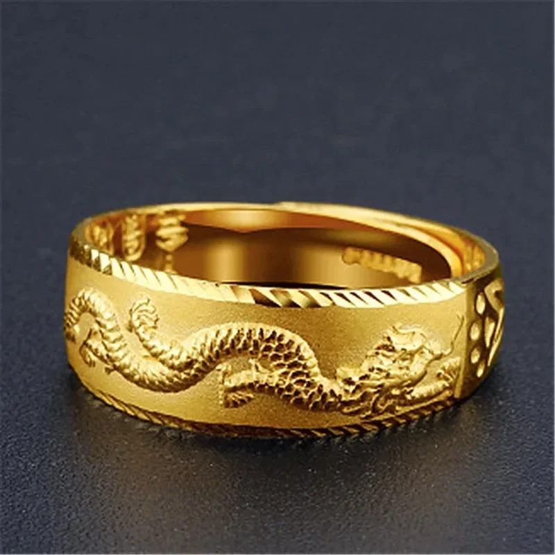 24k Gold Ring for Man Luxury Engraving Dragon Adjustable Ring Fashion Jewelry Male Two Color Yellow/White Gold Finger Ring Gift