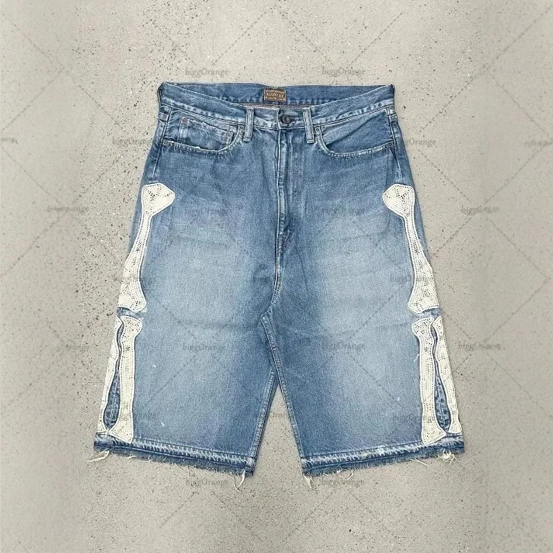 

Trendy Embroidered Five-Point Shorts Men High Street Retro Bone Embroidery Loose Casual Mid-Length Shorts