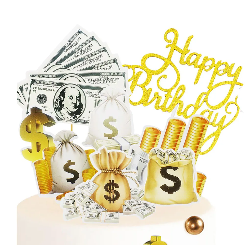 Decoración de pastel de feliz cumpleaños de dólar, adorno de pastel de dinero para 60s, 70s, 80s, 90s, suministros de decoraciones para fiestas temáticas de dólar de EE. UU. de Acción de Gracias
