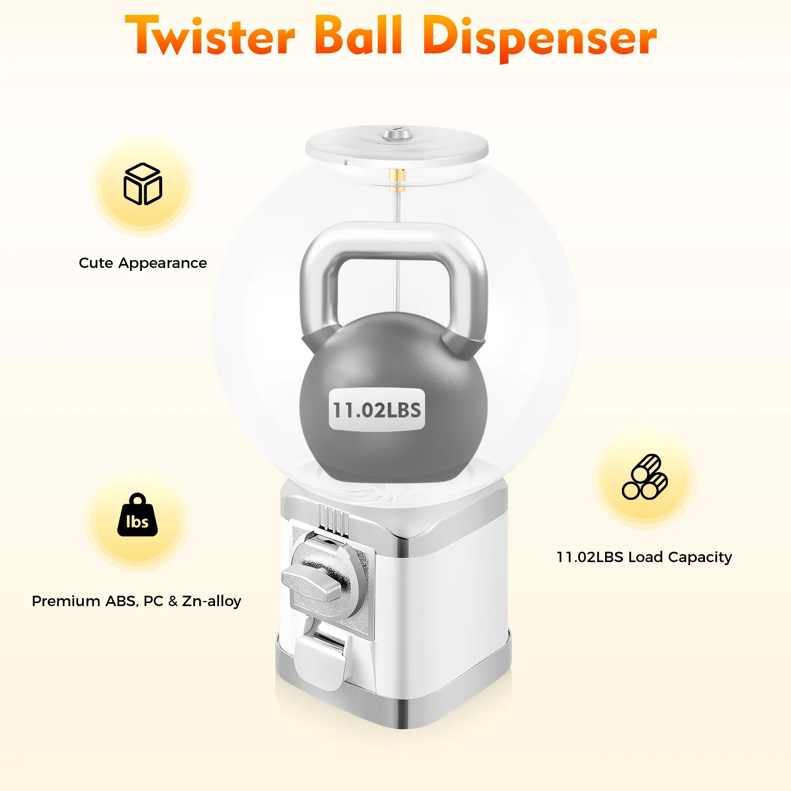 LM-202B 500 Capacity 1 Dollar Coin White Twister Ball Dispenser Vending Machine with Security Lock