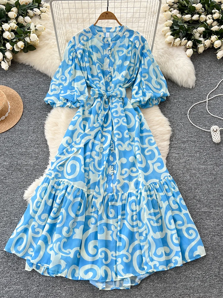 Zomer Franse chiffon jurk met korte mouwen voor dames Strandvakantie Single Breasted Lantaarn Mouw Gedrukt Lange Jurk Vrouwelijke J61