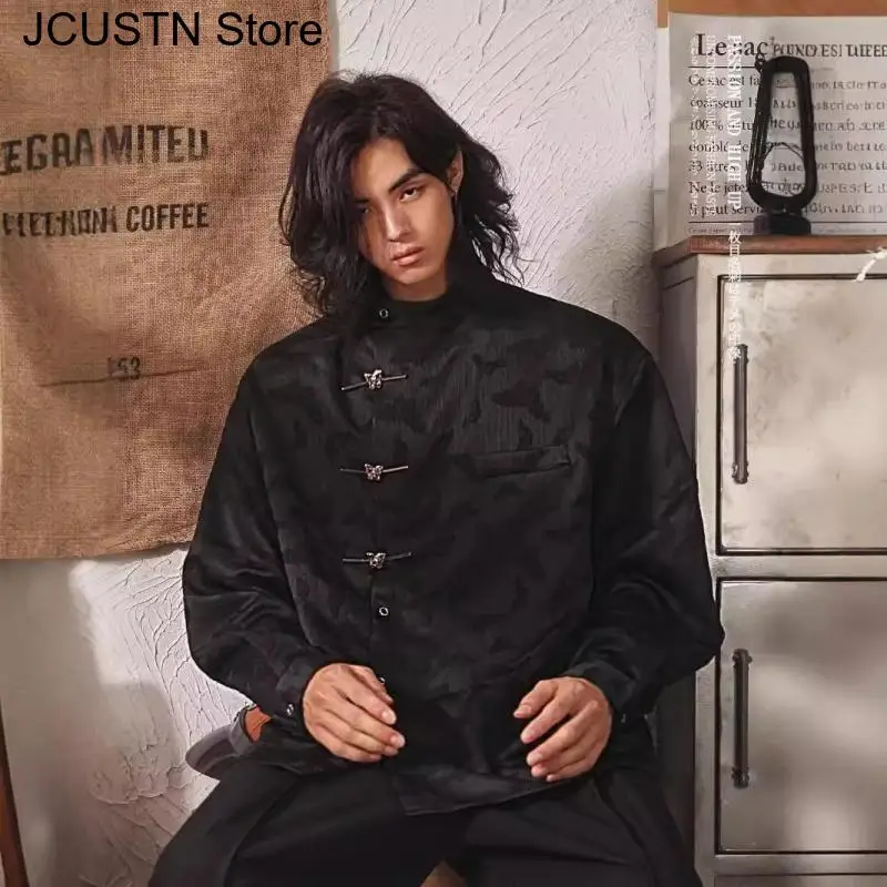 New Chinese Style Tang Clothes Fashion Butterfly Button Down Shirt Male Long Sleeve Jacket Spring Autumn Streetwear Jacquard