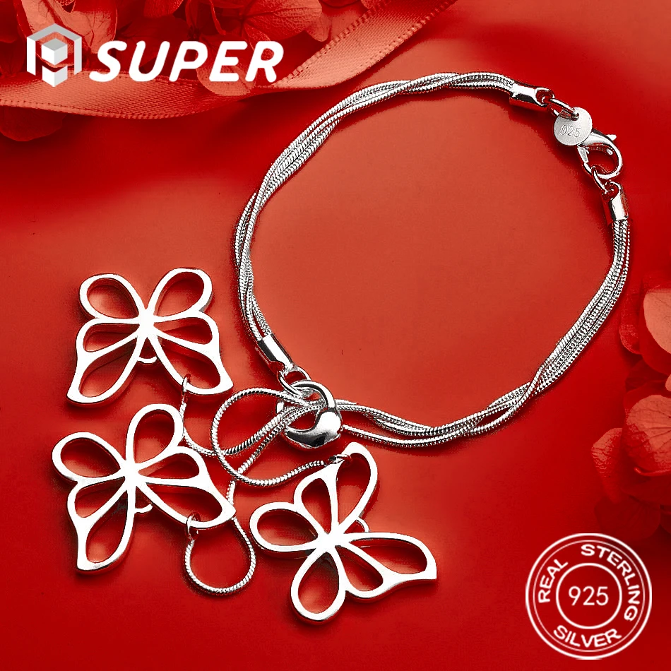 

ALISuper 925 Sterling Silver 8-inch Exquisite Butterfly Pendant Bracelet for Women, Fashion Gift, Wedding Accessories