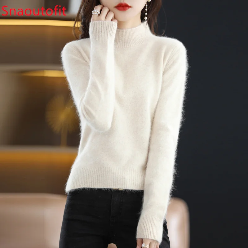 Half-High Collar Pure Mink Cashmere Sweater Women\'s Long Sleeve Top Autumn and Winter Warm Loose Knit Pullover Solid Color Base