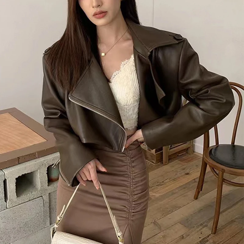 Leather Jacket Women Natural Leather Spring New Fashion Loose Motorcycle Zipper Wide Lapel Short Sheepskin Coat Deri Yelek Kadın