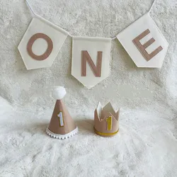 INS First Kids Khaki Birthday Crown 1st Baby Shower Party Hat Non Woven White ONE Highchair Banner Letter Garland