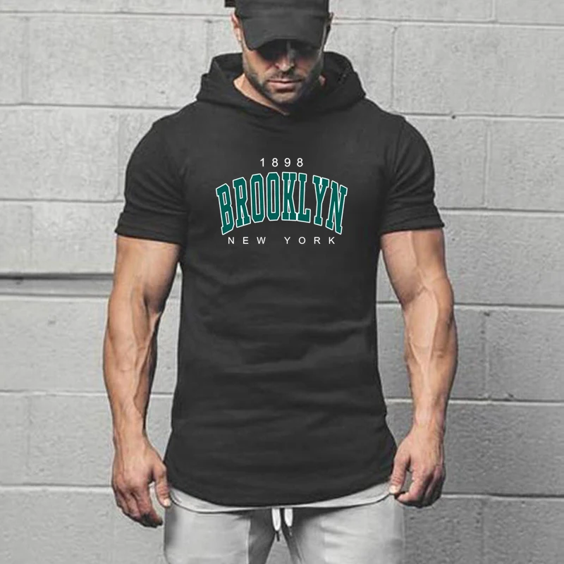 1898 Brooklyn New York Print Sprot Tshirt Gym Bodybuilding Hooded Shirt Cotton Breathable Short Sleeve Men Fitness Muscle Hoodie