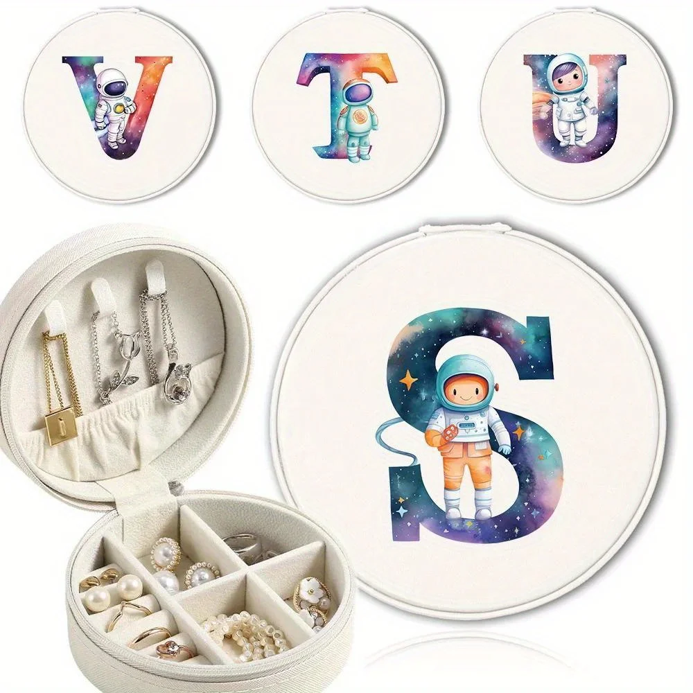 

Women Jewel Organizer Case Circular Jewelry Storage Box PU Dustproof Earrings Rings Case Christmas Gift Astronaut Letter Pattern