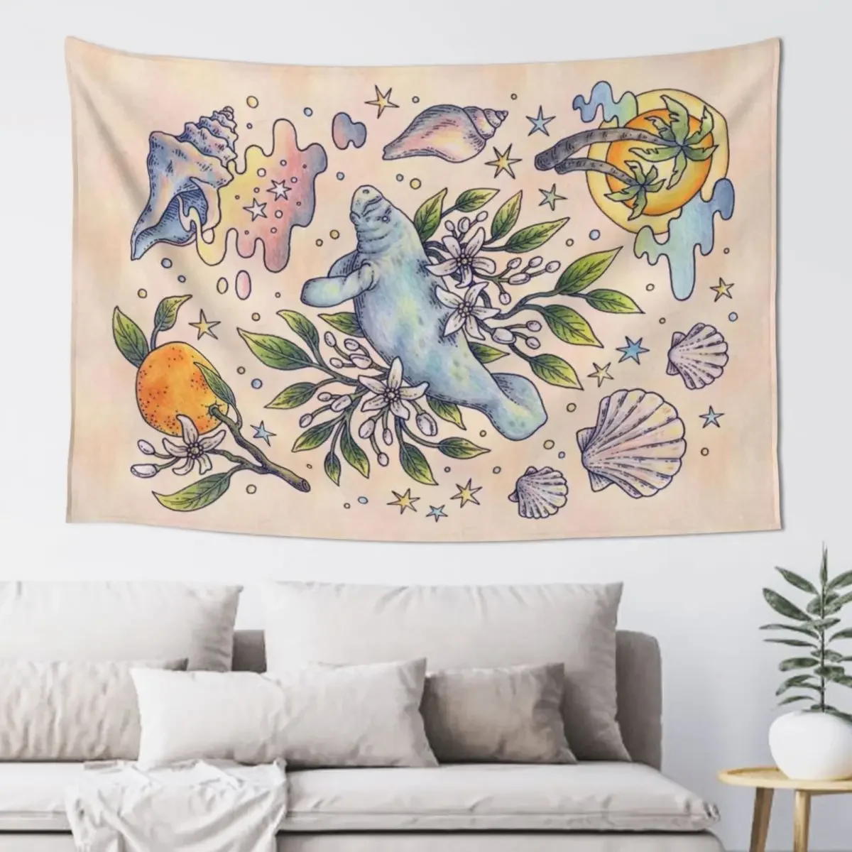 Orange Blossom Manatee Ocean Tropical Art Tapestry Aesthetic Room Decoration Room Decor Cute Tapestry