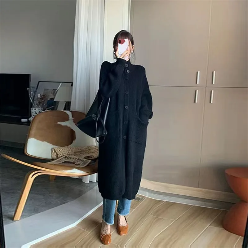 

Korean Style Idle Polo/turtle Neck Sweater Women's Color Sleeve Knitted Cardigan Medium-length Jacket Spring Autumn E11159