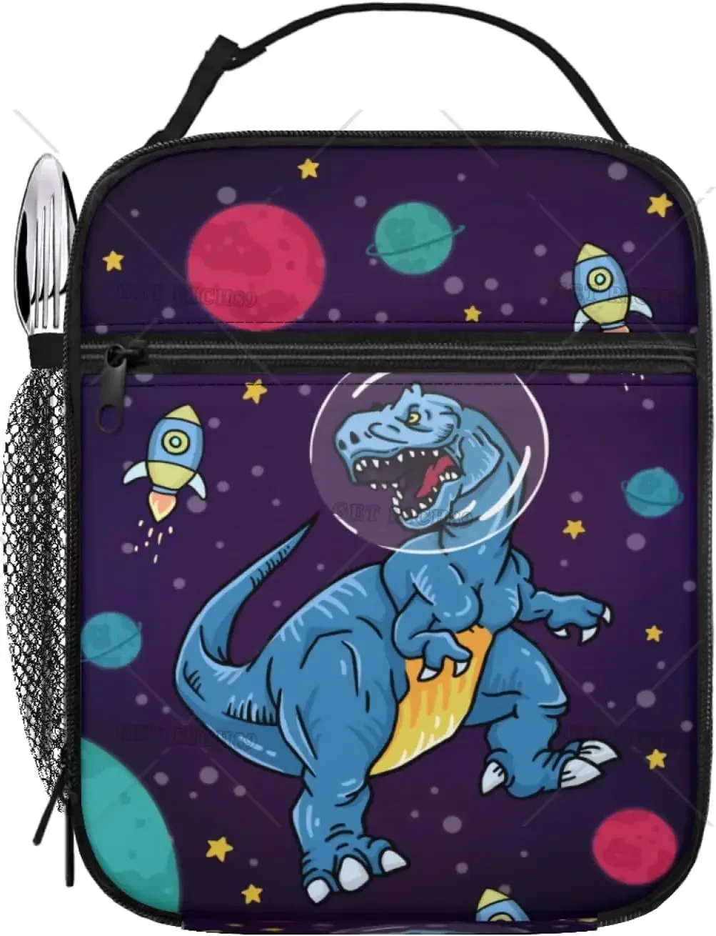 Colorful Dinosaurs Skeleton Insulated Lunch Bag Reusable Black Lunch Box Cooler Tote Lunchbag for Kids Teens Adult Work Picnic