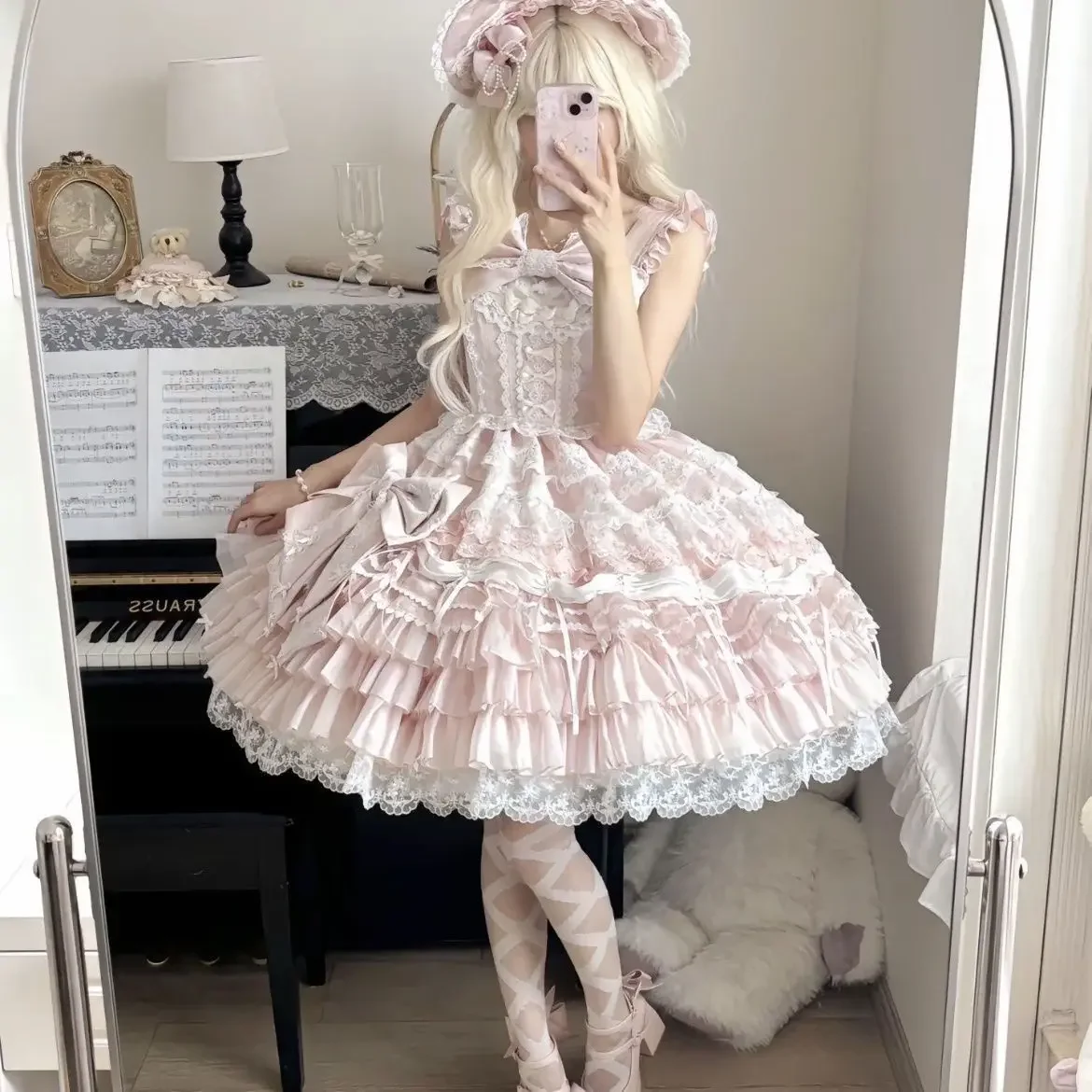 NONSAR Lolita Heavy Embroidery Sweet Gorgeous Flower Wedding Dress Women Summer Kawaii Bow Lace Ruffle Sleeveless Princess Dress