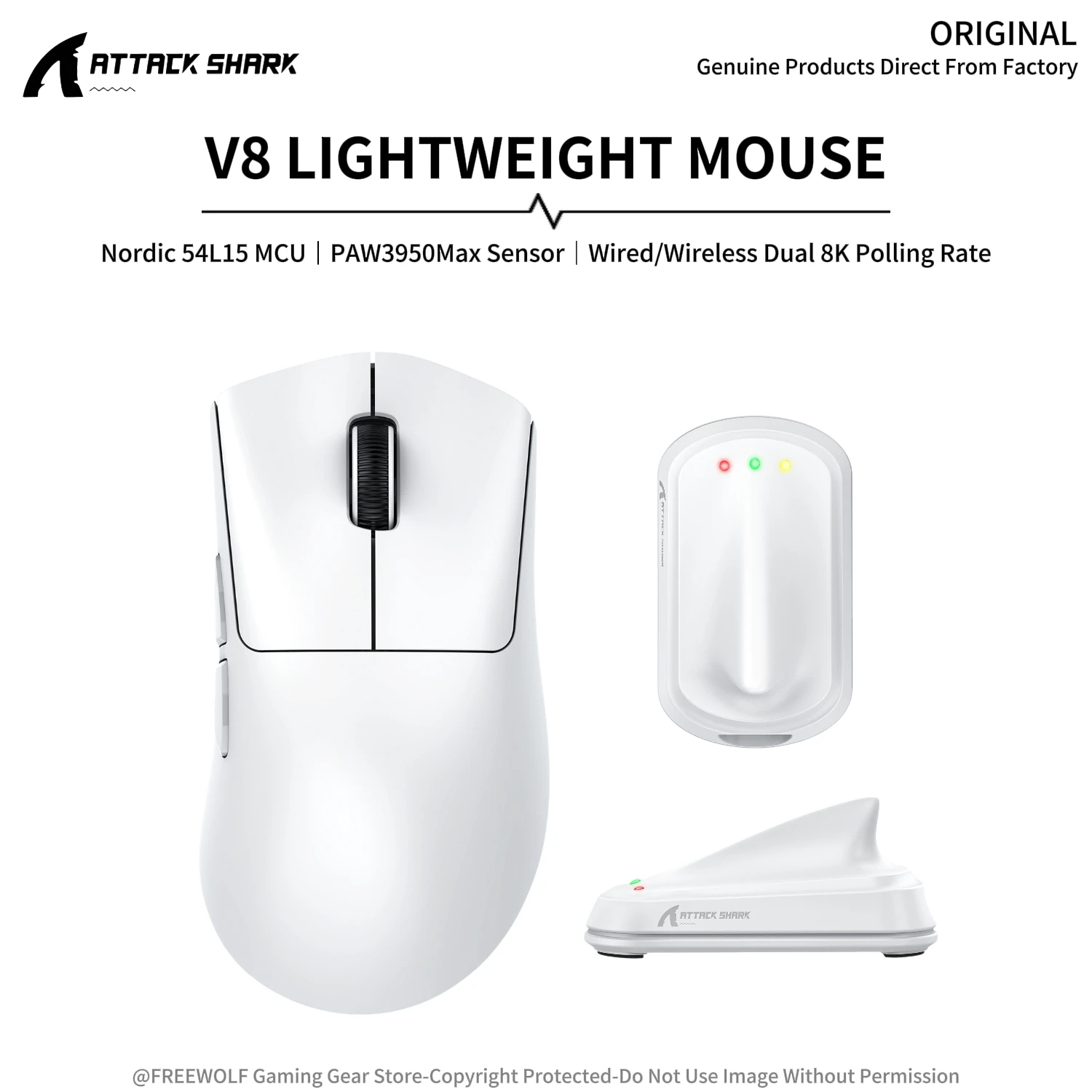 

Мышь Attack Shark V8 с охлаждающим покрытием и 8K-приемником, сенсор PAW3950Max, 42000 DPI, Nordic54L15 MCU, для правой руки, легкая конструкция