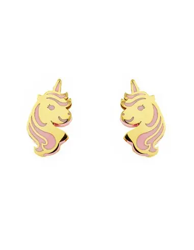 Earrings girl gold 9k unicorn pink enamel