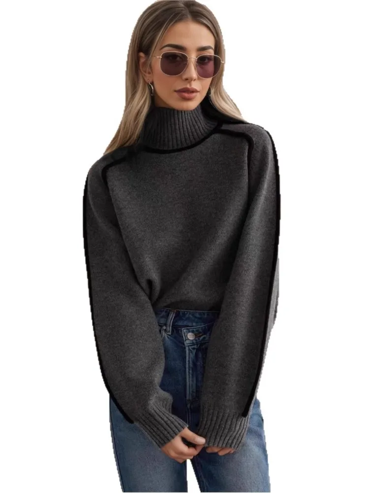 Einfarbig Rollkragenpullover frau Herbst Winter Lässige Mode Spleißen Lose Gestrickte Pullover Damen Warme Büro Pullover