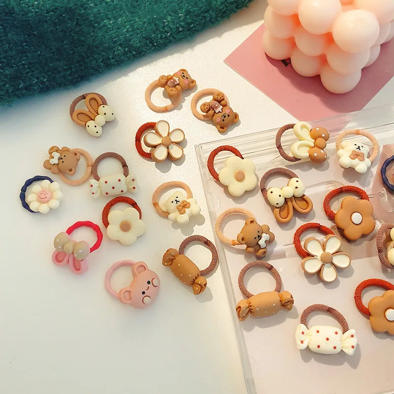 10 PCS/Set Cute Bear Rabbit Baby Hair Ties Child Elastic Mini Cartoon Animal Flower Ponytail Holder Rope No Hurt Hair Scrunchie