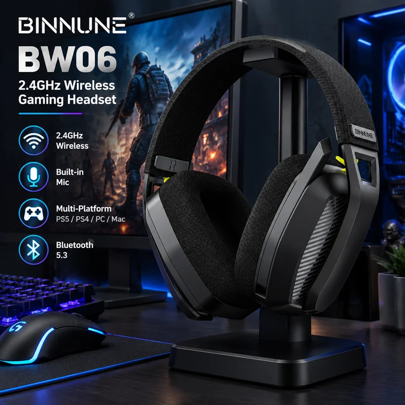 BINNUNE BW06 2.4GHz Wireless Gaming Headset with Mic for PS5 PS4 PC Mac Playstation Bluetooth Gaming Headphone with Microphone