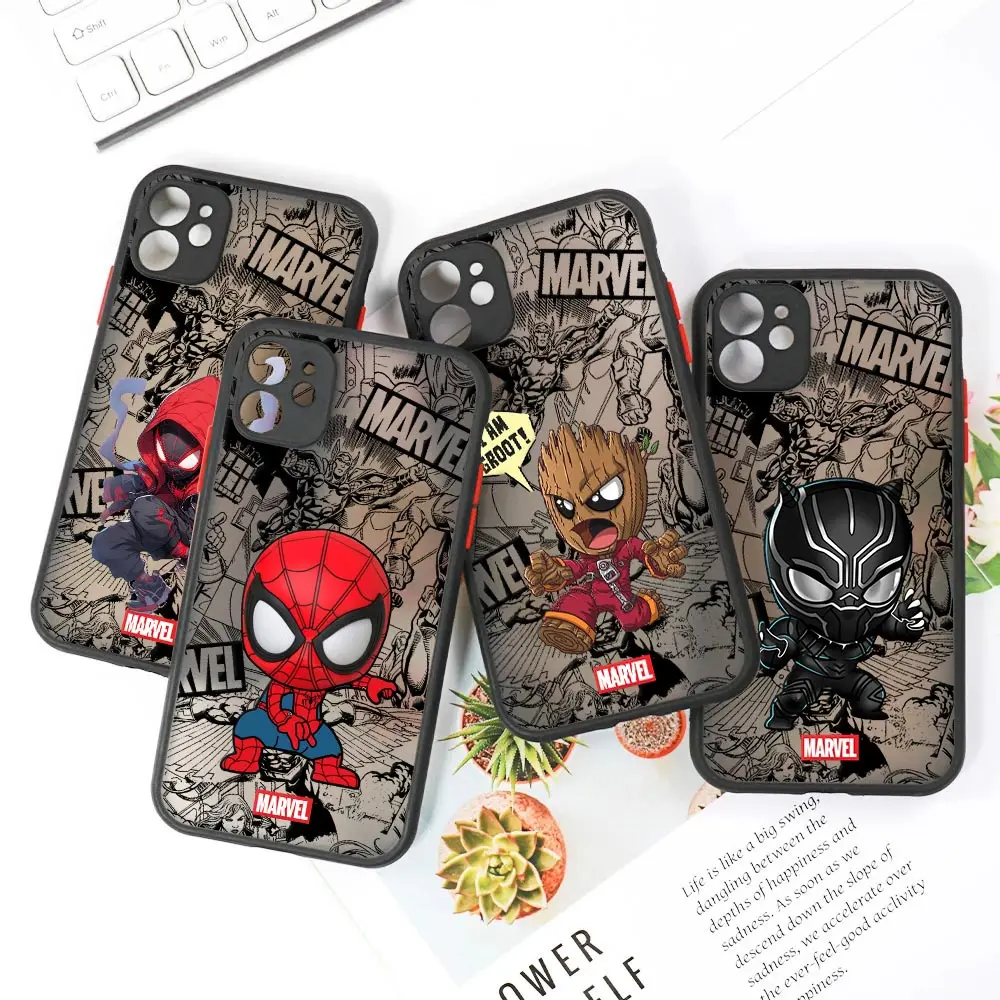 Cartoon Marvel Matte Cover For Apple iPhone 15 13 14 12 11 Pro Max Mini XS X 7 8 Plus Phone Case Silicone Spiderman Groot Fundas