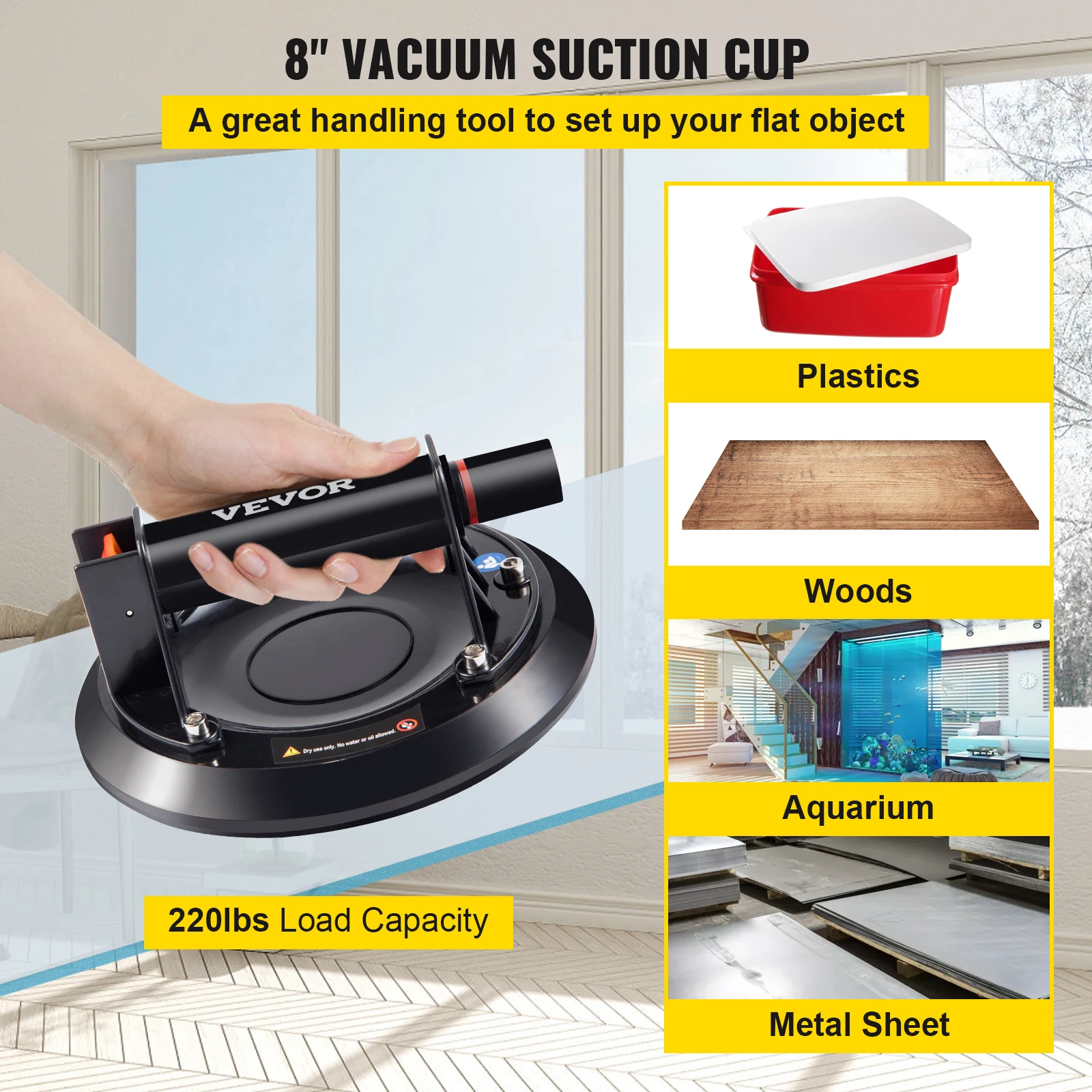 VEVOR 8 Inch Vacuum Suction Cup 100 kg Heavy-Duty Hand-Held Lifter For Moving Large Granite Tile and Replacing Windows & Doors