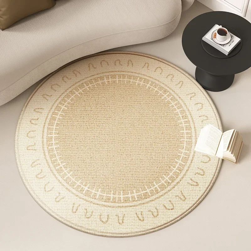 Plush French Cream Round Carpet, Elegant Floral Minimalist Rug for Bedroom or Living Room, Coffee Table Floor Mat