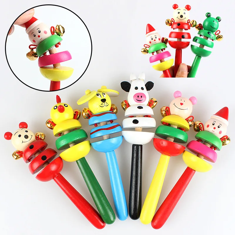 Creative Baby Animal Hand Rattles Children's Wooden Cartoon Animal Rattles Baby Early Learning Puzzle Musical Instrument Toys