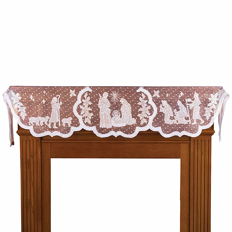 1Pcs Christmas Lace Tablecloth Virgin Mary Religious Day Fireplace Cover Fashion Table Runner Furnace Cloth Home Party Supplies