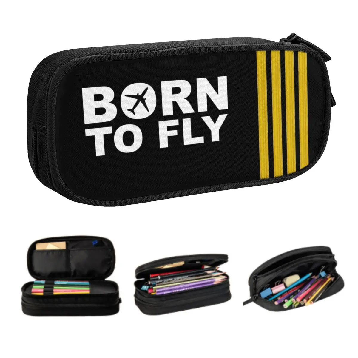 

Kawaii Born To Fly Captain Stripes Flight Pilot Pencil Cases for Aviation Aviator Airplane Large Storage Pen Bag Box Stationery