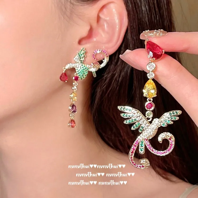 925 Sterling Silver Needle Full of Zircon Vintage Phoenix Drop Earrings for Women 18K Gold Plated Dangles Trendy Enthic Jewelry