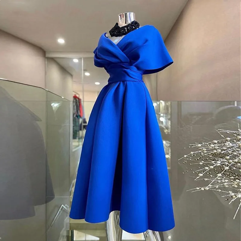 

Royal Blue Vintage Prom Dresses Stain A-Line Pleat Tea V-Neck Evening Dresses Robes De Soirée For Women 2023 فساتين السهرة