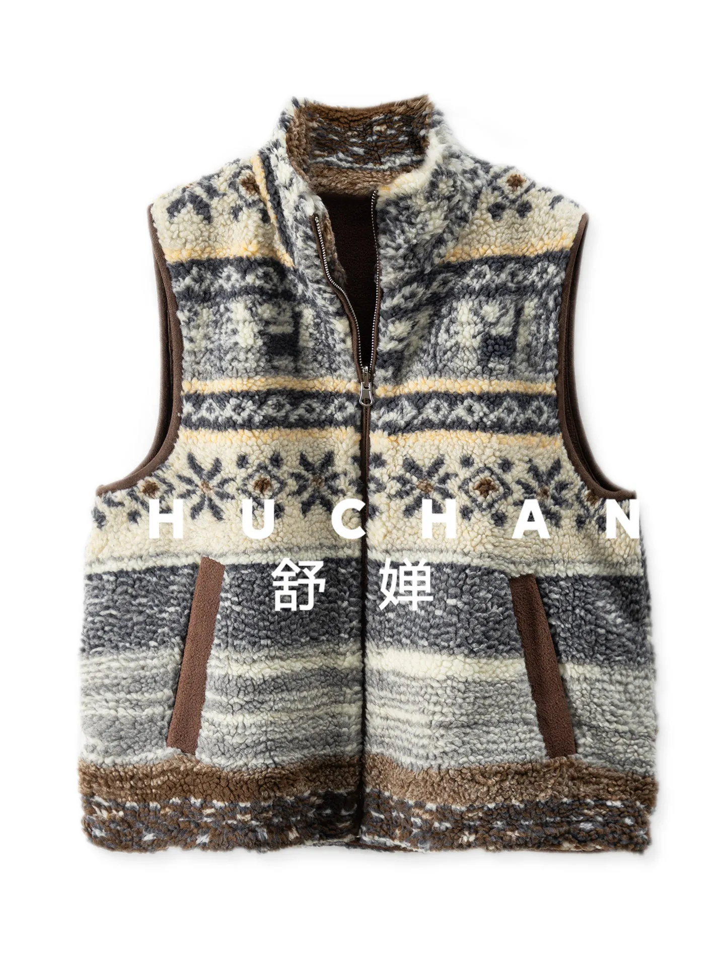 

American Retro Pattern Imitation Lamb Wool Double-sided Vest Jacket Female 44I9 Casacos De Inverno Feminino