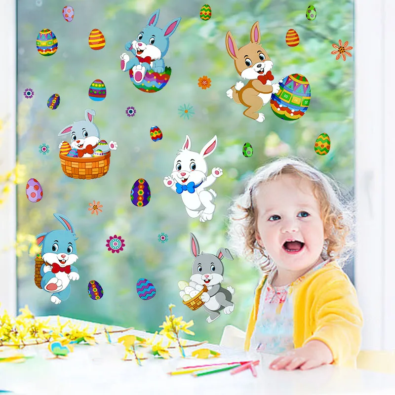 2 Blatt glücklich Ostern Fenster Aufkleber Kaninchen Ei elektro statische Glas Aufkleber Frühlings fest Kinder DIY Wandt attoos Ostern Wohnkultur