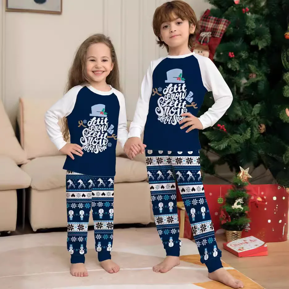 New blue cartoon letter printing family Christmas set European and American family holiday home wear pajamas