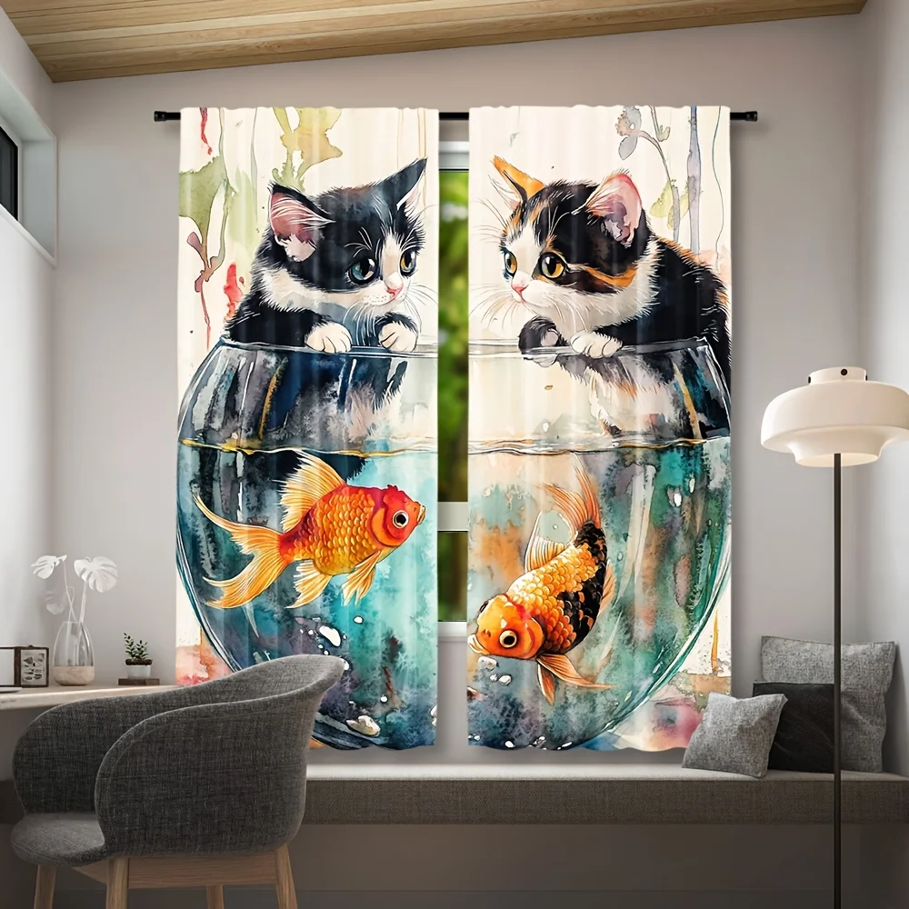 Cute Cat and Fish Aquarium Window Curtain Panels Watercolor Pet Lover Art Home Decor Living Room Window Dressing