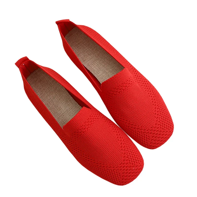 Spring New Ballet Flats Women Knit Fabric Square Toe Daily Loafers Breathable Flats Driving Shoes Boat Shoes PlusSize 35-42