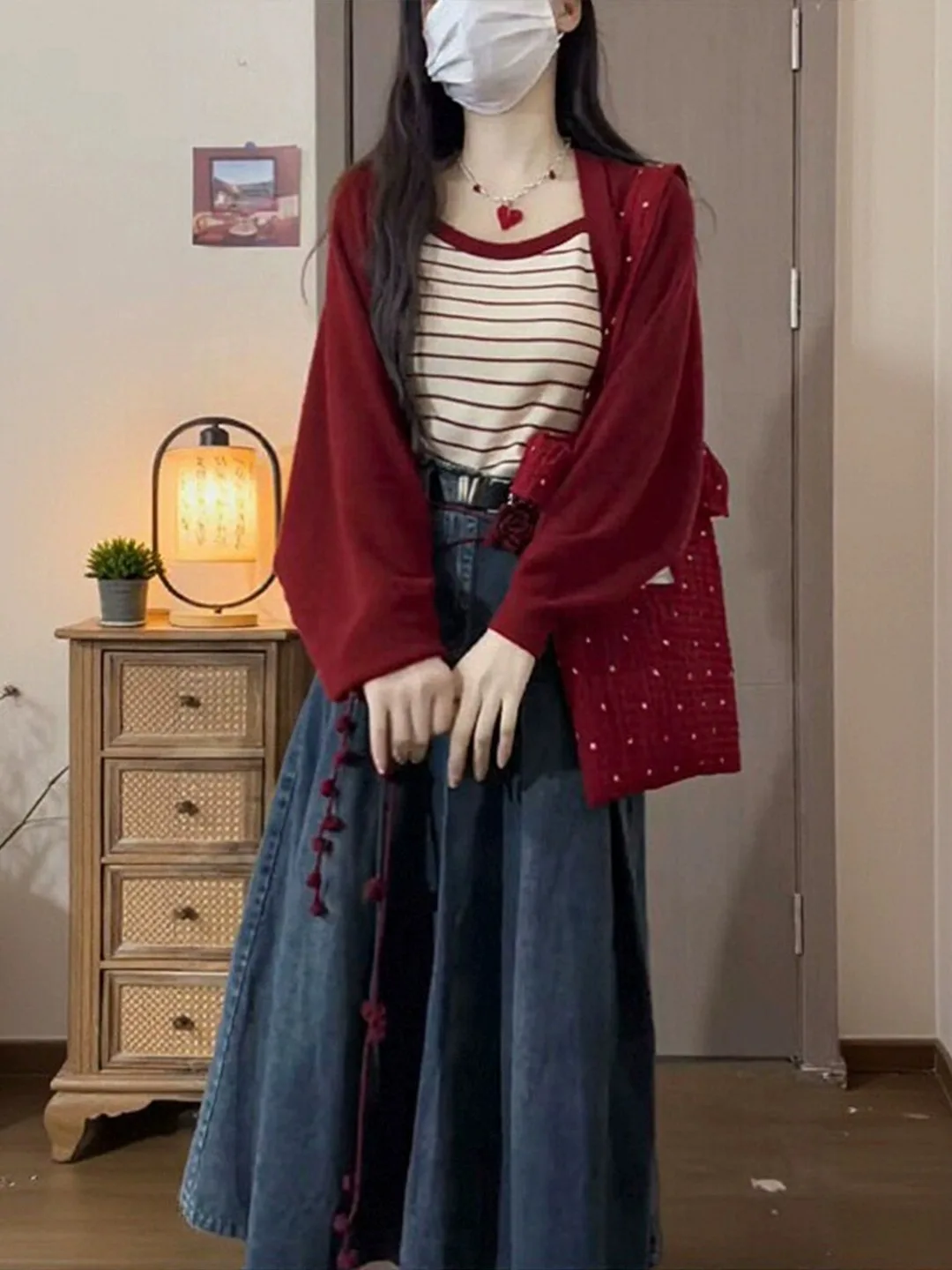 

Spring Faion plus Size Knitted Cardigan Stripe Tube Top Denim Skirt Set Vintage Sle High Waist Sun Protection Women'...