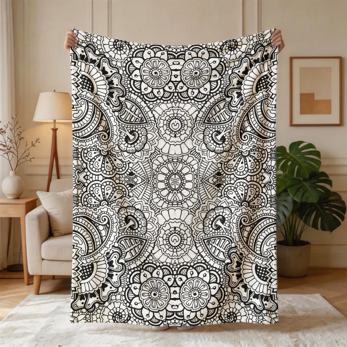 Moroccan Mandala Bohemian Throw Blanket Black White Geometric Boho Tribal Pattern Couch Decor Accent Bedspread