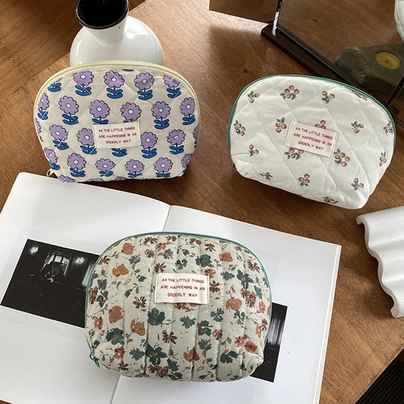 Bolsa de cosméticos de algodón para mujer, bolso de almacenamiento de artículos de tocador con estampado de flores, monedero portátil informal a la moda, nuevo estilo