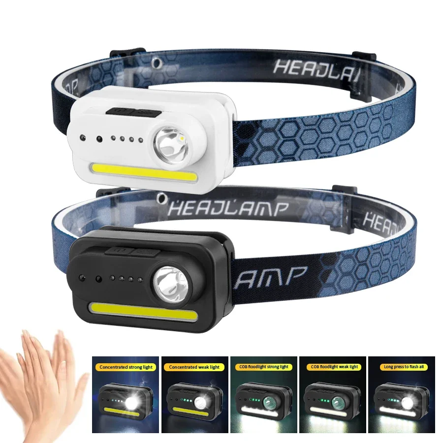 

Rechargeable LED Headlamp Hand Sweep Induction COB Head Light Outdoor Camping Fishing Cycling Head Flashlight 5 Modes 1200mAh