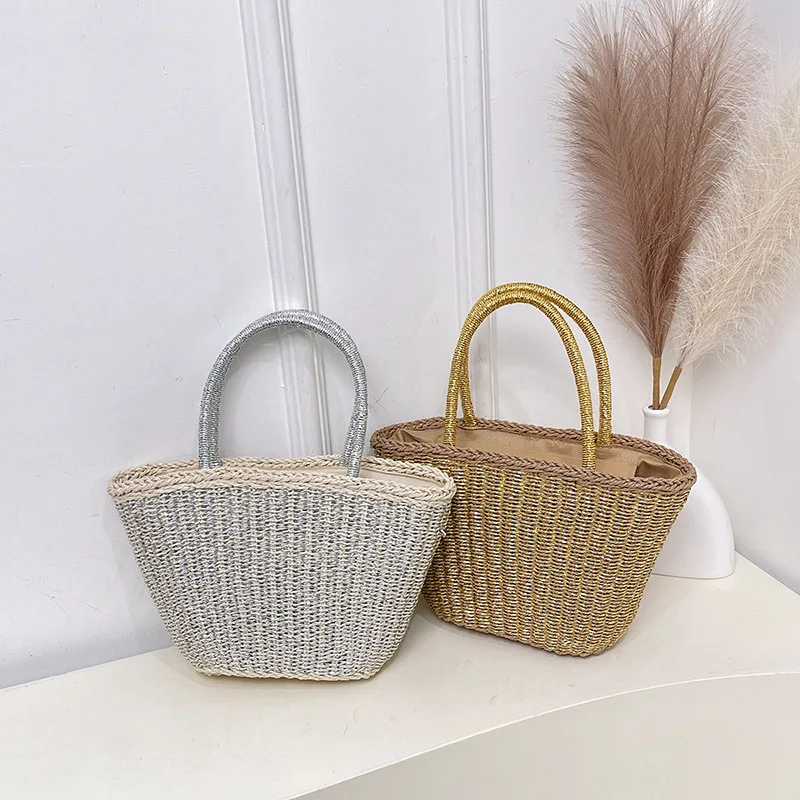 

Handmade Silver Straw Beach Bag Top Handle Handbags for Women Weaving Ladies Basket Totes Female Shopping Bag