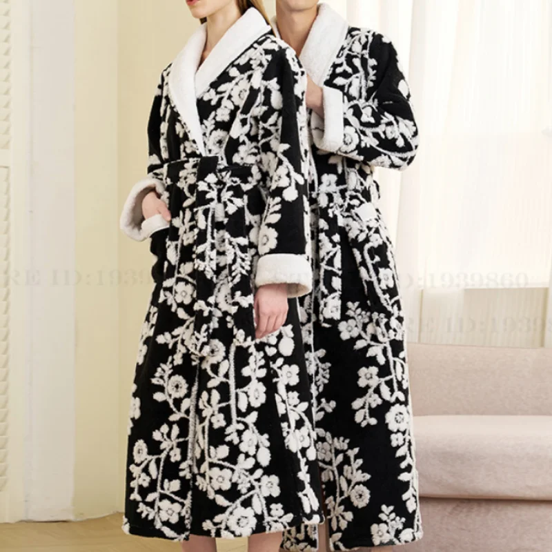 

Jacquard Thick Coral Fleece Long Robe Couple Sleepwear Loungewear Autumn Winter Nightwear Bathrobe Kimono Gown Flannel Homewear