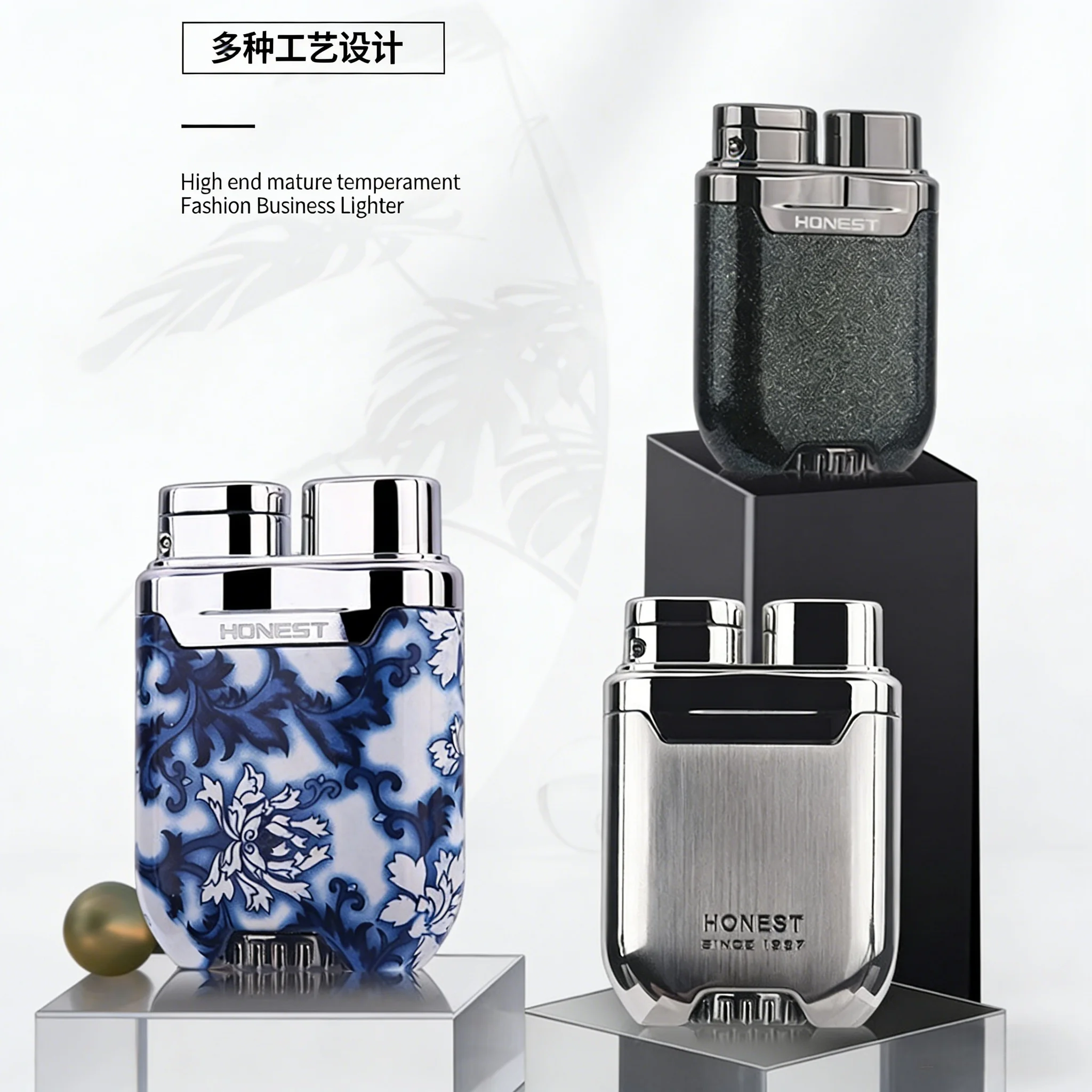 HONEST Nouveau Briquet Torche à Flamme Bleue Créatif, Plaqué Métal, Turbine Coupe-Vent, au Butane, Cadeau Haut de Gamme, Accessoires pour Fumeurs Hommes