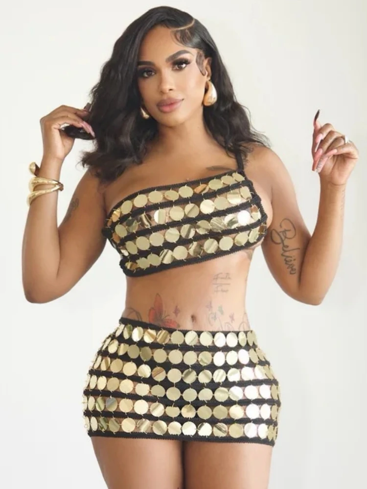 

Women Sequins Two-Piece Sets Sexy See Through Sleeveless Backless Top + Mini Skirts Sets Party Club Evening Cocktail Suits