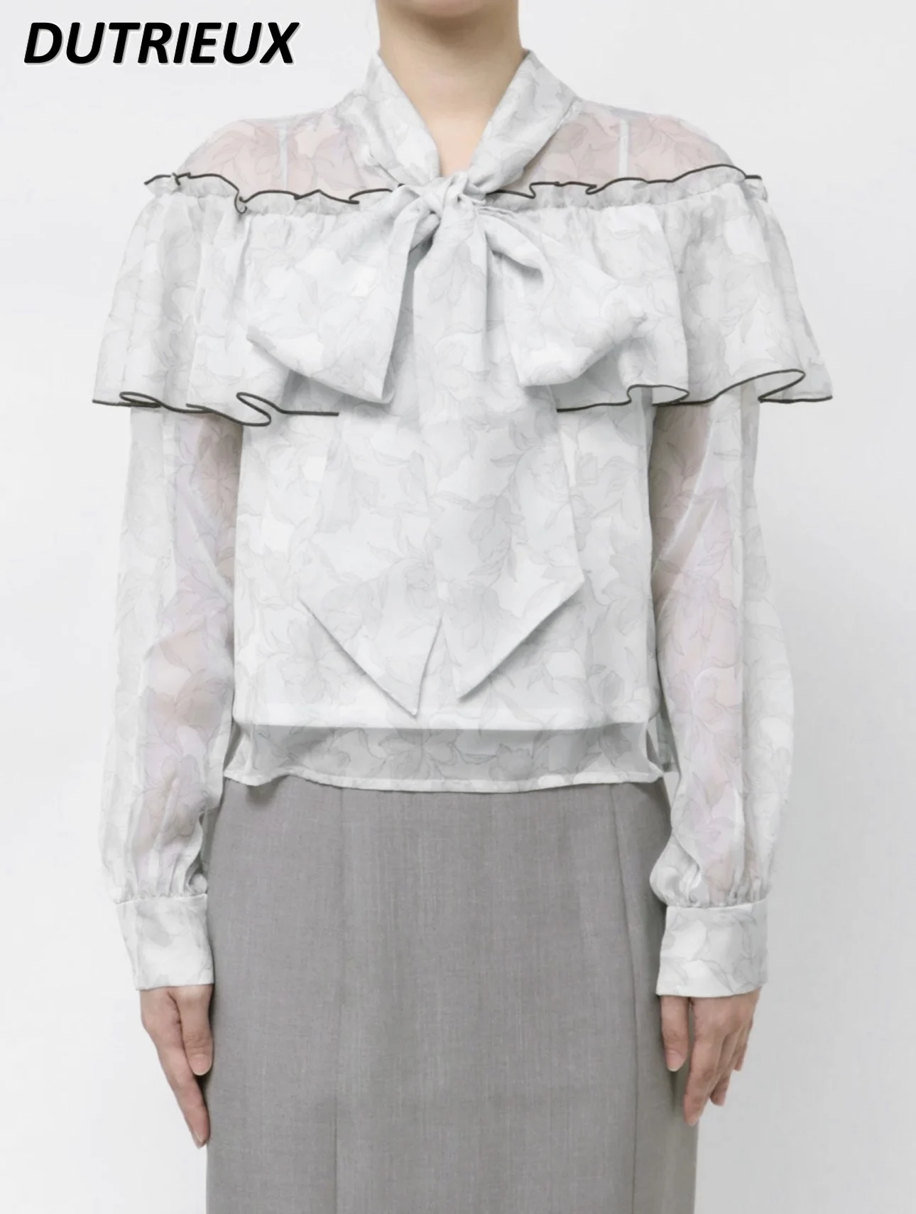 일본 봄, 가을 새로운 달콤한 연꽃 잎 가장자리 인쇄 레이스 업 셔츠 귀여운 소녀 다목적 긴팔 탑 Camisas