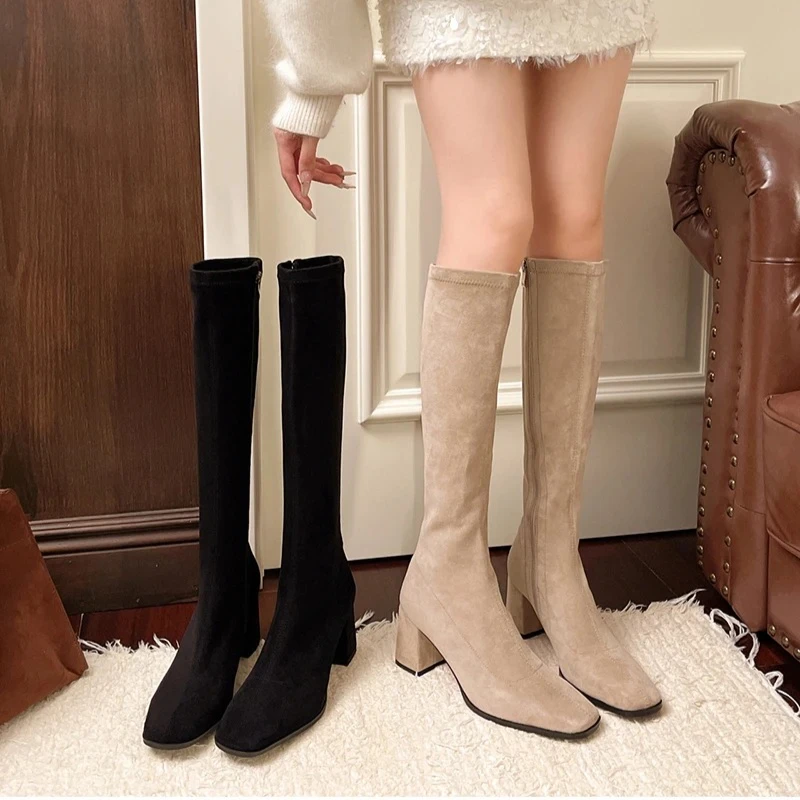 

Women Boots Autumn Winter Elastic Slimming Knee-High Boots Fashion Square Toe Thick Heel Shoes for Women Side Zipper Casual Boot