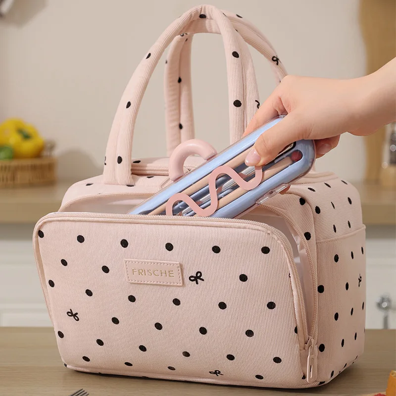 Women Polka Dot Thermal Lunch Tote Bag Portable Insulated Cooler Bag Multi Pockets Picnic Food Storage Bento Box Handbag